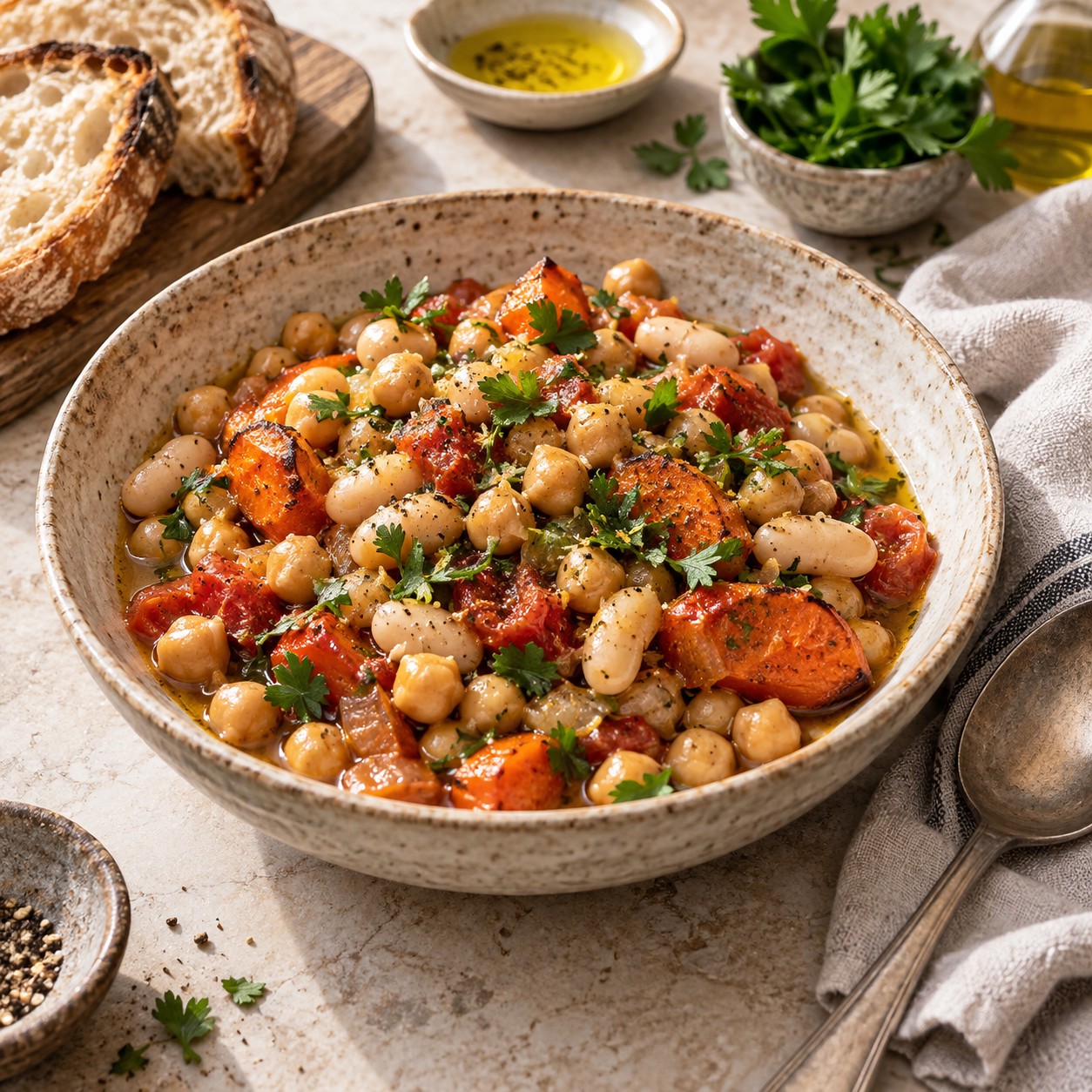 Приготовленные нут и фасоль с овощами в керамической миске