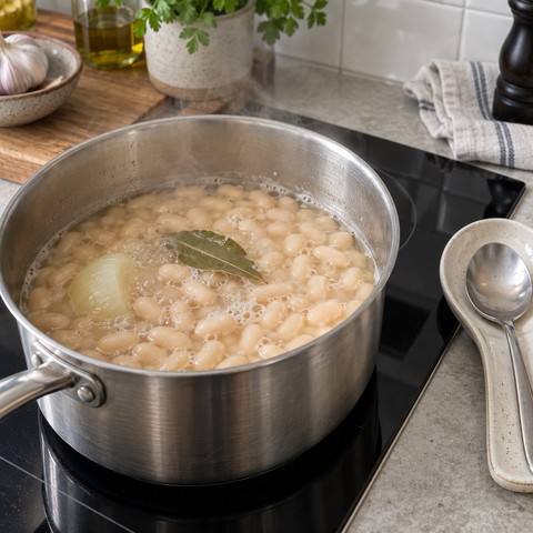 Белая фасоль в кастрюле с лёгким отваром и ароматическими овощами