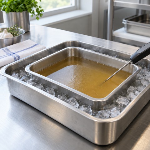 Неглубокая ёмкость с бульоном в ледяной водяной бане