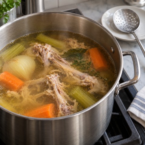 Кастрюля куриного бульона со спокойной поверхностью и редкими пузырьками