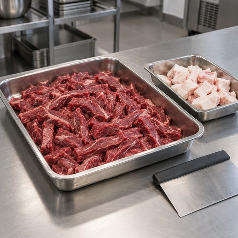 Подготовленные охлаждённые полоски мяса и отдельная ёмкость с жиром
