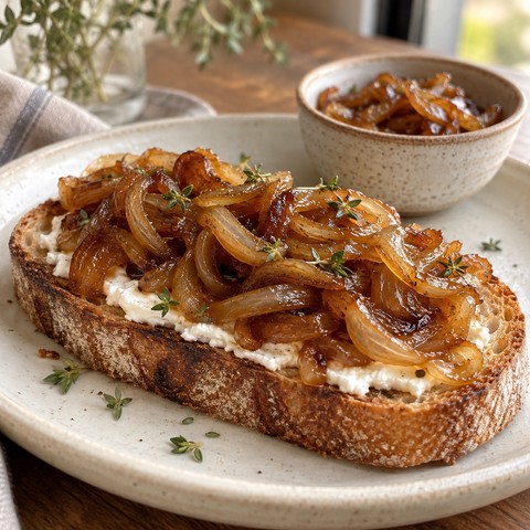 Тост с мягким сыром и карамелизованным луком