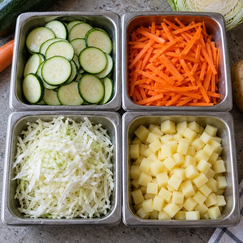 Овощи, нарезанные кружочками, соломкой, стружкой и кубиками