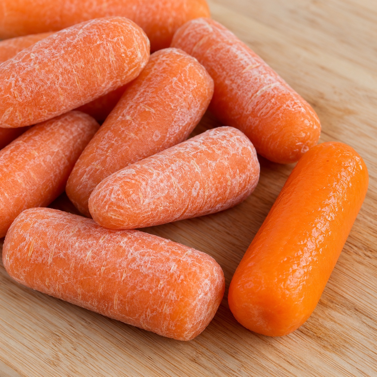 Нарезанная baby carrots с белёсой сухой поверхностью рядом со свежей морковью