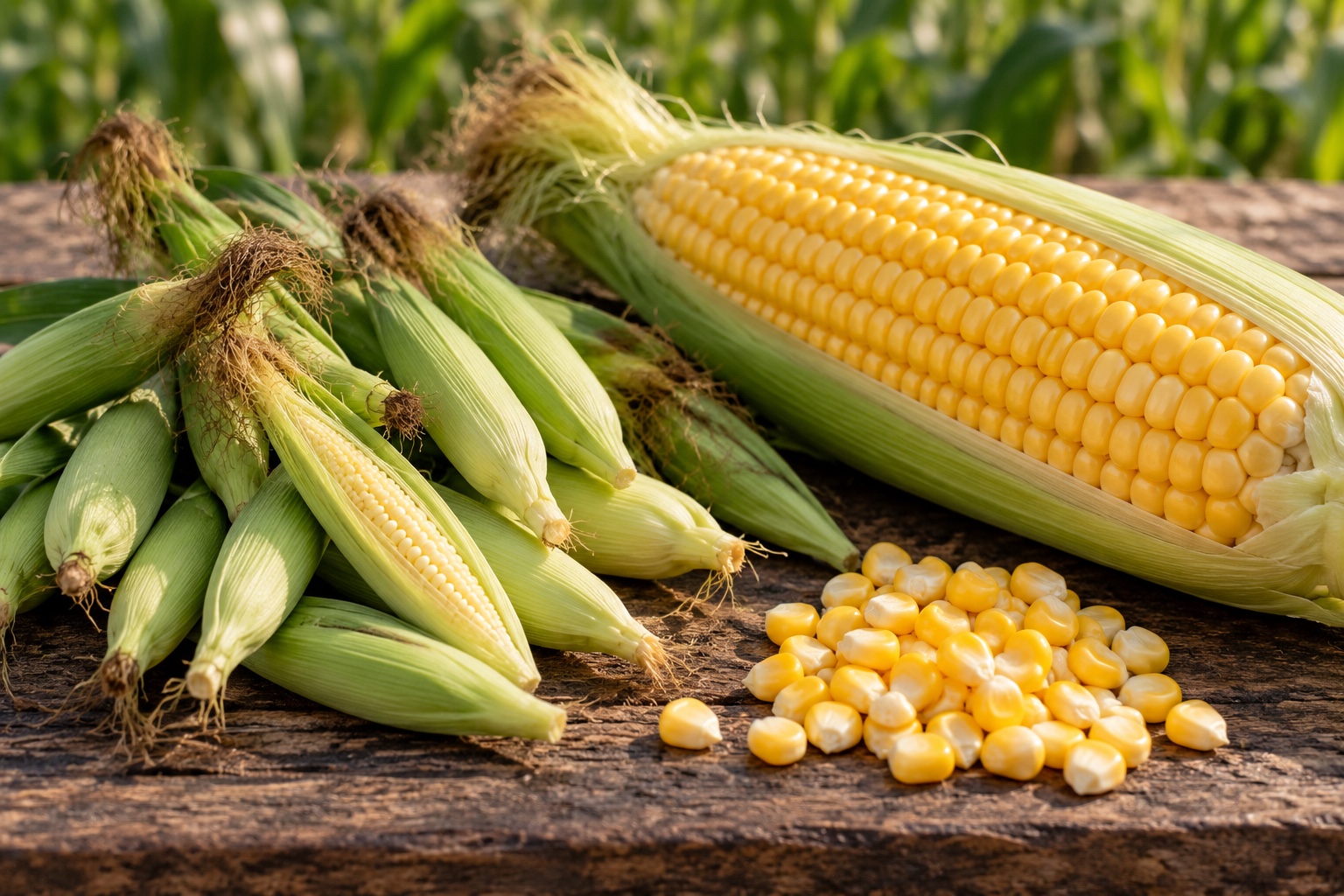 Молодые початки baby corn рядом со зрелым початком и зёрнами кукурузы
